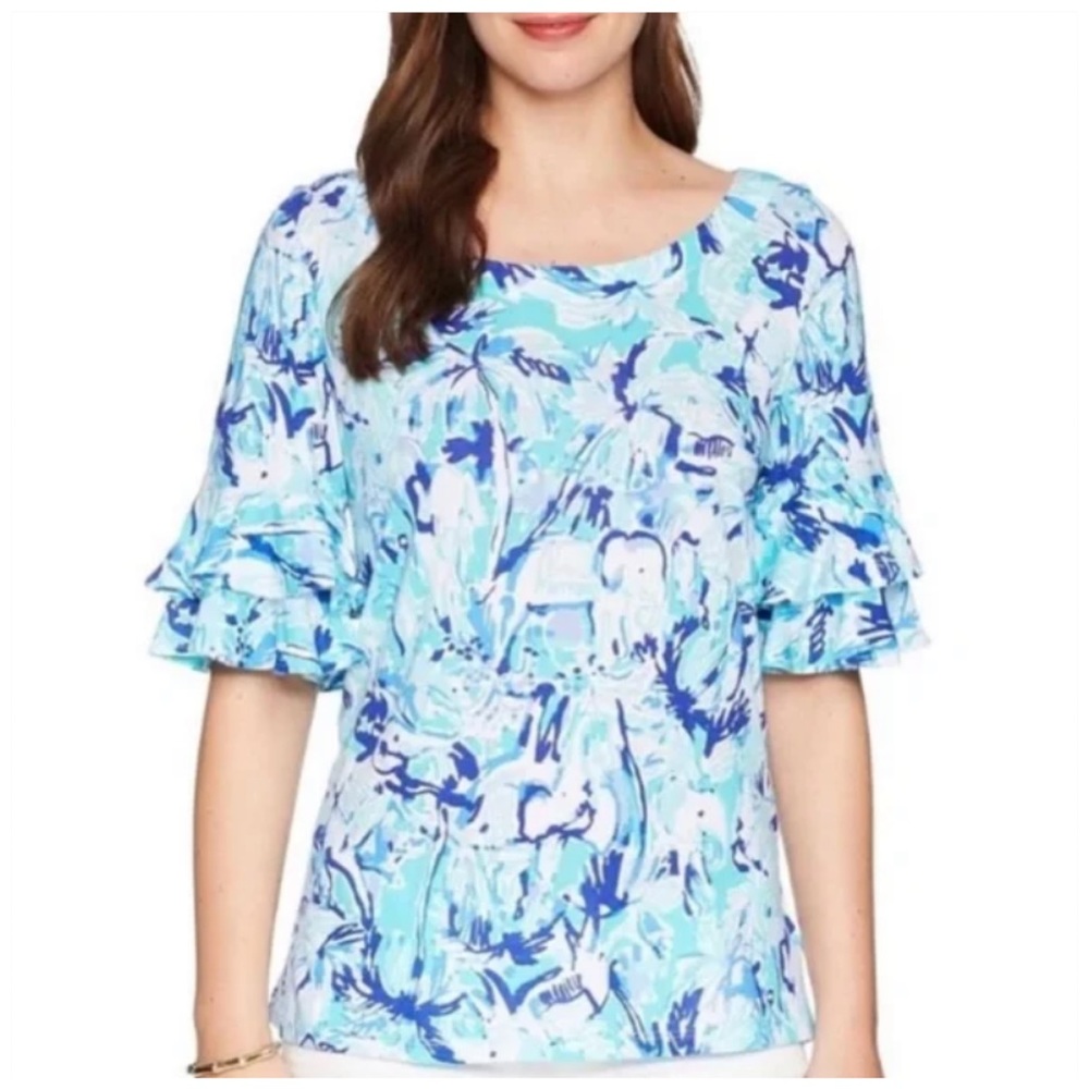 Lilly Pulitzer Lula Ruffle Blouse Elephant Print Blue M